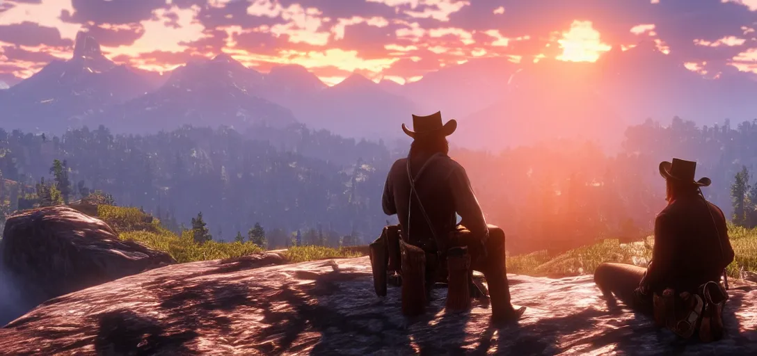 Image similar to Arthur Morgan from Red Dead Redemption 2 sitting at the top of a rocky mountain looking at a beautiful sunrise in the distance