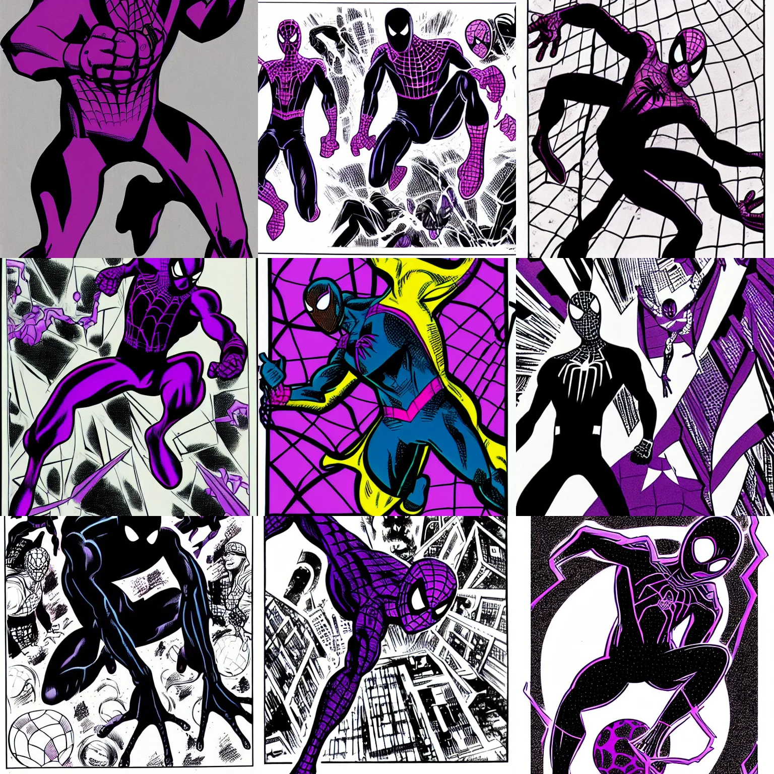 Prompt: black and purple spiderman drawn in comic book art style by steve ditko, high res, smooth lines, astonishing detail