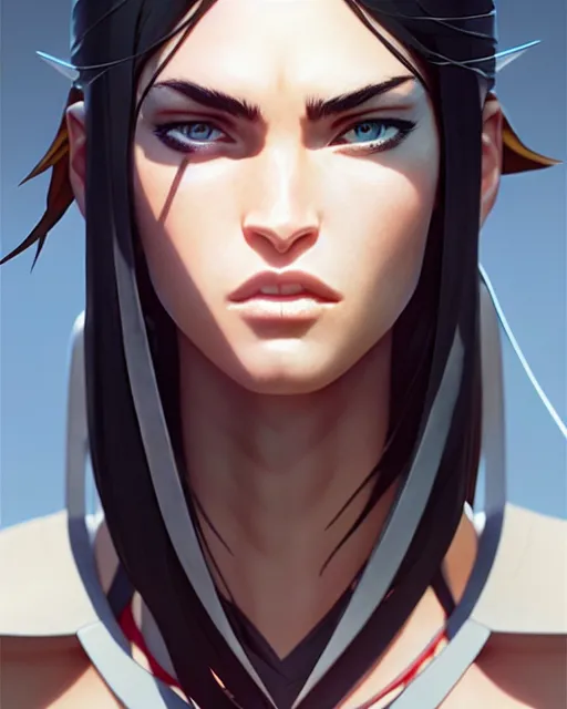 Image similar to azctec warrior, megan fox, detailed perfect face, exquisite details, fire magic, mid view, design on a white background, by studio muti, greg rutkowski makoto shinkai takashi takeuchi studio ghibli