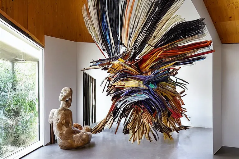 Image similar to “interior sculpture in an Australian artist’s apartment, organic, national Art School MFA, Japanese and Australian Aboriginal influences”