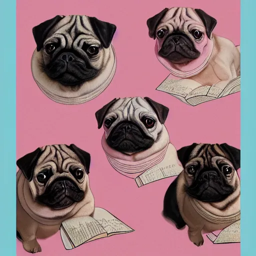 Image similar to pugs heaven on pink clouds adopts the language of Rococo, reimagining the dynamism of works by eighteenth-century artists such as Giovanni Battista Tiepolo, François Boucher, Nicolas Lancret and Jean-Antoine Watteau through a filter of contemporary cultural references including film, food and consumerism