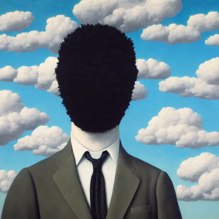 Image similar to portrait of a faceless beautiful flower - head man in a suit, clouds in the background, by rene magritte, detailed painting, distance, middle centered, hd, hq, high resolution, high detail, 4 k, 8 k