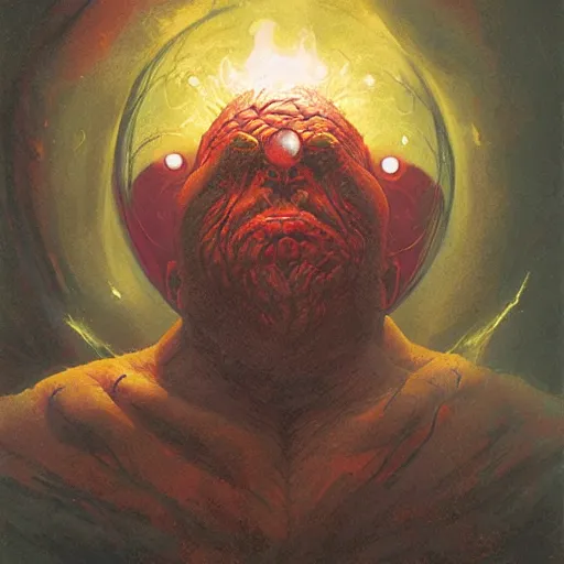 Image similar to head and shoulders portrait of a bloated blind dwarf with glowing red eyesockets, d & d, fantasy, greg rutkowski, frank frazetta, alexandre chaudret, boris vallejo, michael whelan, miro petrov, hr giger, magali villeneuve, donato giancola