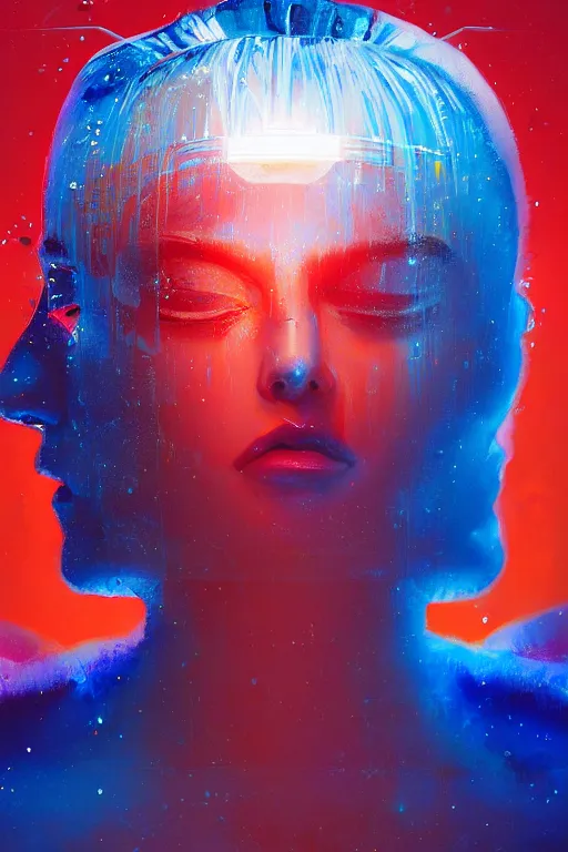 Prompt: 3 d, sci - fi, sunrise, sleepy fashion model face, happy blue faces, sun, cinematic, vogue cover style, poster art, light red and deep blue mood, realistic painting, intricate oil painting, high detail, figurative art, multiple exposure, poster art, 3 d, by tooth wu and wlop and beeple and greg rutkowski