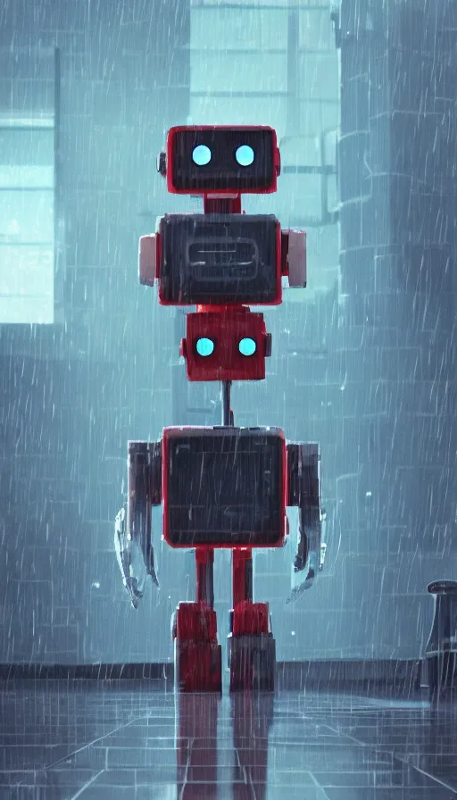 Image similar to videogame cabinet robot asking for coins in the rain, sharp focus, james gilleard, cinematic, game art, extremely detailed digital painting, print