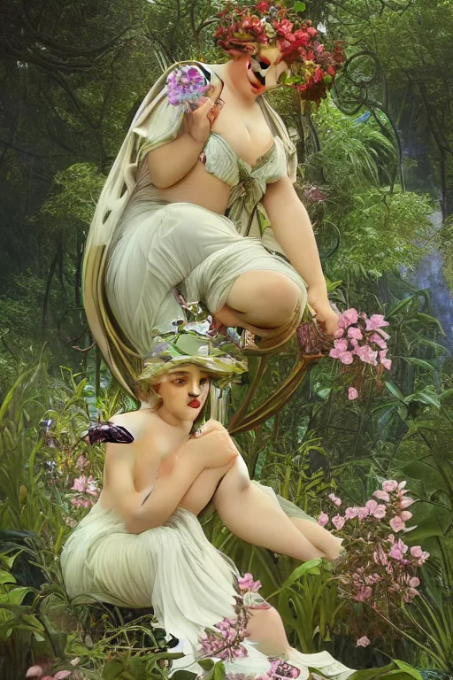 Prompt: Curvaceous fairy goddess sitting on a vivid flower in a lush green forest, Mark Arian and Alphonse Mucha, highly detailed, intricate, dynamic lighting, octane render, 8k