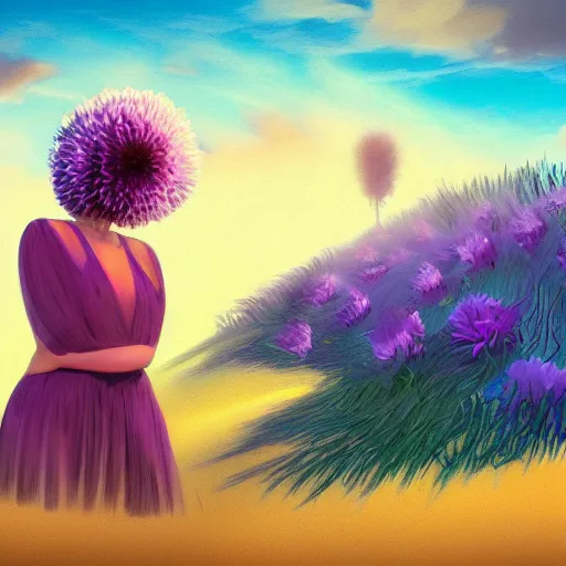 Image similar to portrait, giant purple dahlia flower head, woman between dunes, surreal photography, sunrise, blue sky, dramatic light, impressionist painting, digital painting, artstation, simon stalenhag