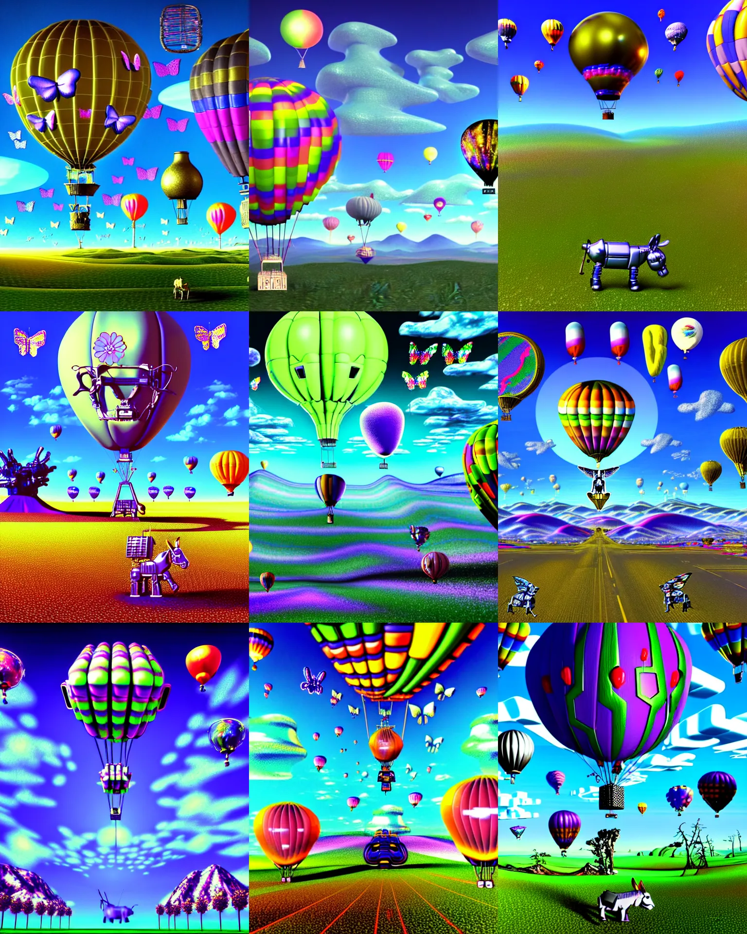 Prompt: 3 d render of cybernetic landscape with cyborg balloon donkey with angel wings and hot air balloons against a psychedelic surreal background with 3 d butterflies and 3 d flowers n the style of 1 9 9 0's cg graphics, lsd dream emulator psx, 3 d rendered y 2 k aesthetic by ichiro tanida, 3 do magazine, wide shot