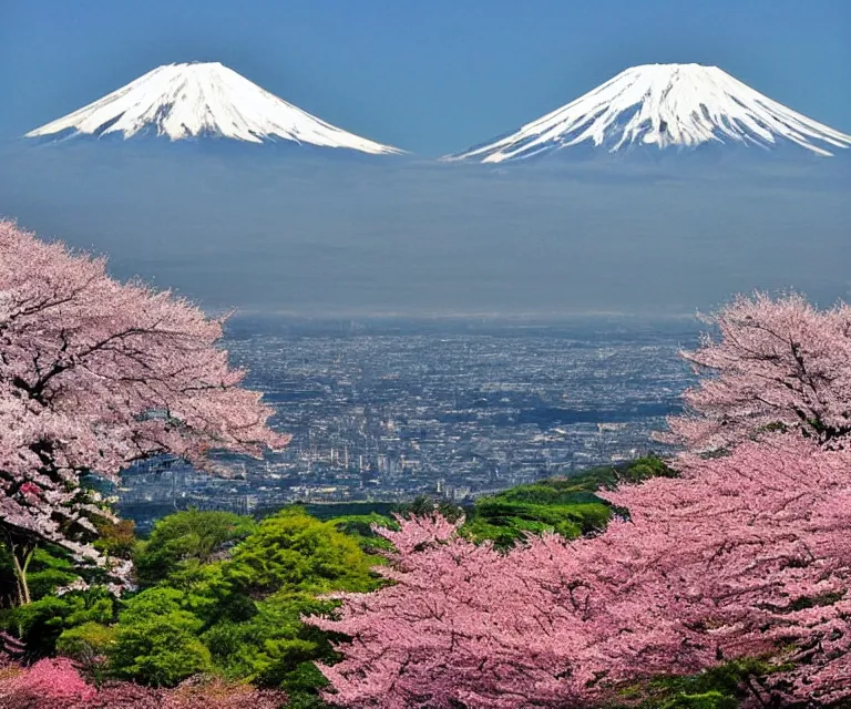 Image similar to a photo of mount fuji, japanese landscape, sakura trees, seen from a window of a train. beautiful!!!