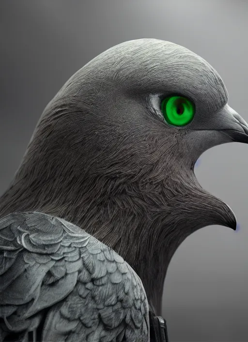 Image similar to A fantasy comic book style portrait painting of a gray pigeon with white eyes as a warrior in a atmospheric dark nest made of cannabis, unreal 5, DAZ, hyperrealistic, octane render, RPG portrait, ambient light, dynamic lighting