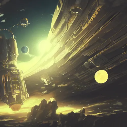 Image similar to steampunk futuristic spaceship, space, stars, moon, extremely detailed, particles, steam, cinematic lighting, anime, studio ghibli, cyberpunk, retro, reflective,