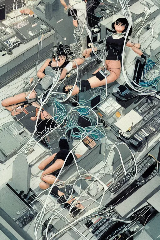 Prompt: a hyper-detailed magazine cover illustration of a group of four female androids' body pieces with cables and wires coming out, lying scattered over an empty floor, by masamune shirow and katsuhiro otomo, view from above, japan 1980s