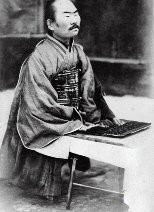 Image similar to old photo of Japanese samurai using a laptop computer