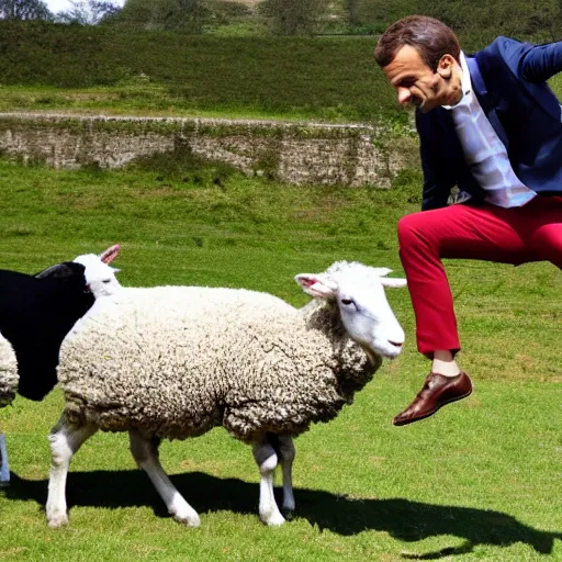 Prompt: Macron jumping over a sheep