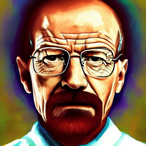 Prompt: walter white with an afro and a giant mustache, digital painting masterpiece, gorgeous brush strokes, advanced lighting technology