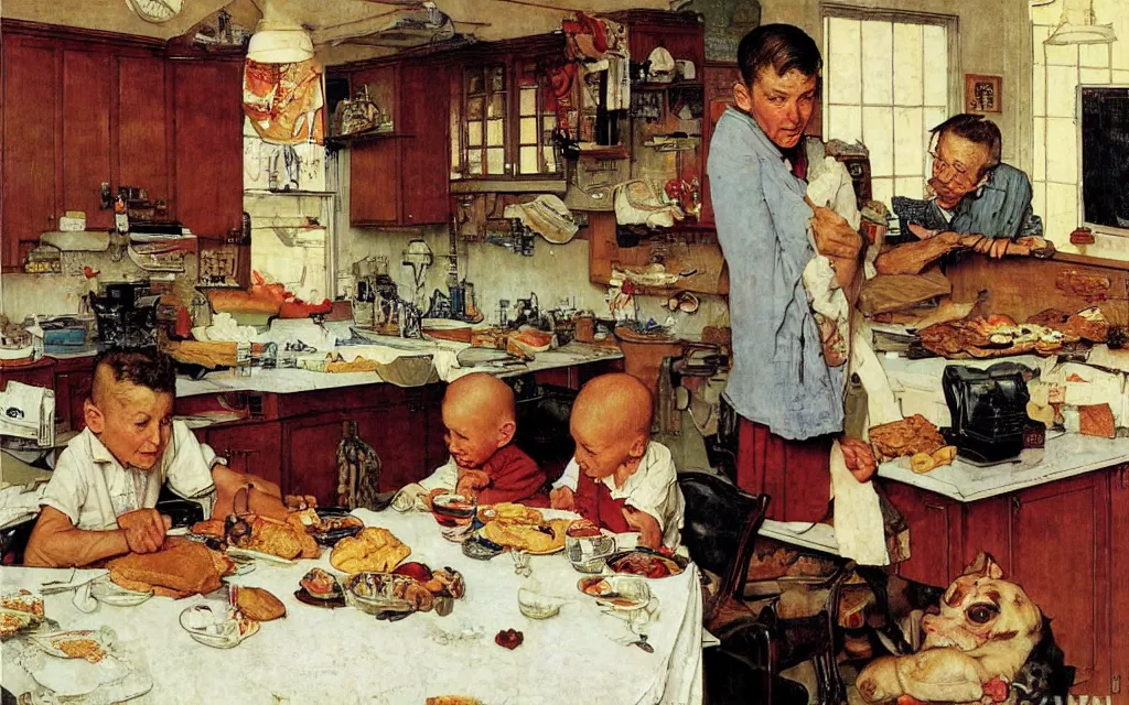 Image similar to benjamin netayahu eating breakfast in his kitchen, newspapers on the table and counter, by norman rockwell