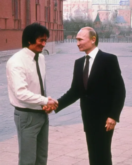 Prompt: sixty years old viktor tsoi in a business suit shaking hands with vladimir putin, joyful look, kremlin russia, color photo, in the style of documentary journalism, mid shot photo, kodak gold