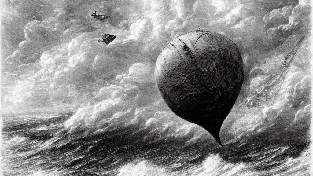 Image similar to drawing of one giant steampunk zeppelin flying above a stormy ocean, by gustave dore, nineteenth century, black and white, vintage, science fiction, epic composition, dramatic lighting, highly detailed, cinematic