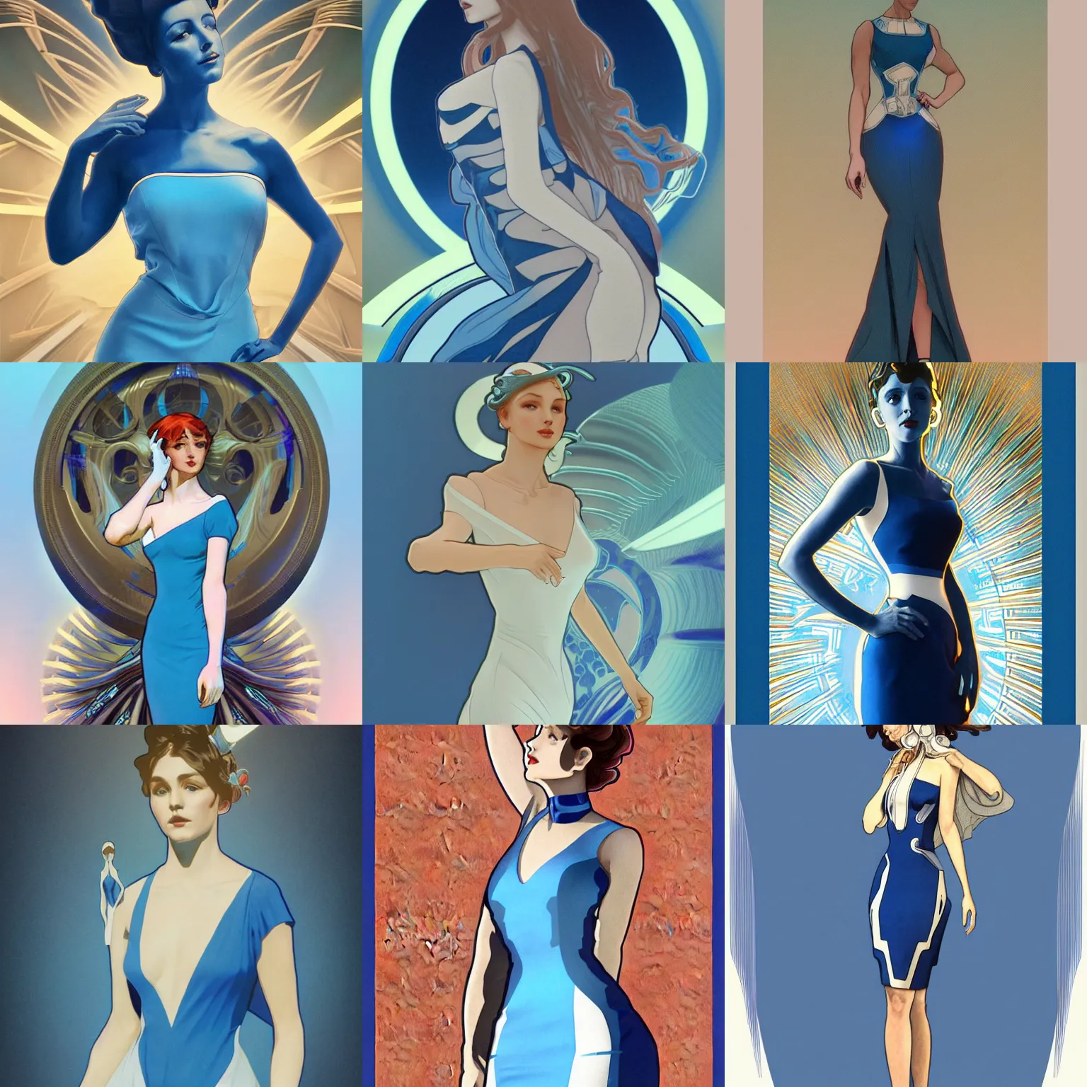 Prompt: elegant alien in a blue cutout dress with white trim, as seen on artgerm, octane render, in the style of alphonse mucha, ultra realistic, highly detailed, 8 k