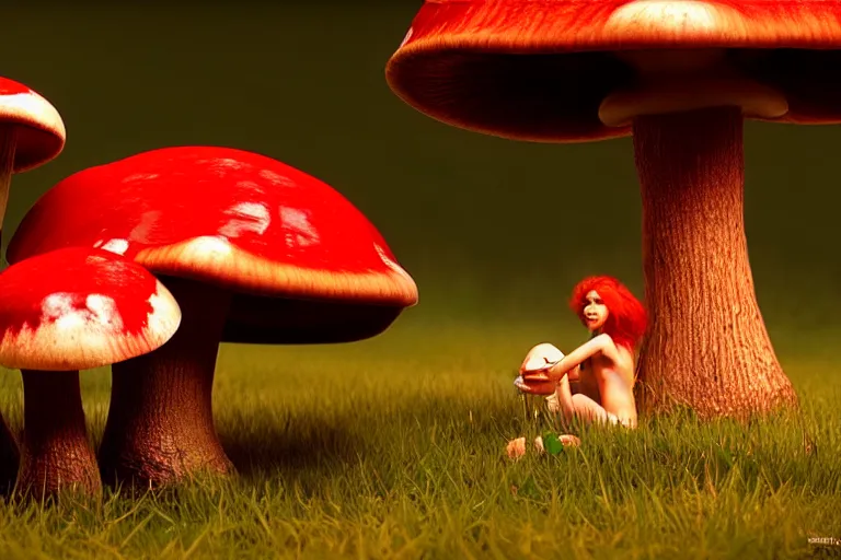 Image similar to a beautiful red haired mushroom goddess giving birth to a mushroom baby, wlop, unreal engine, octane, 8 k,