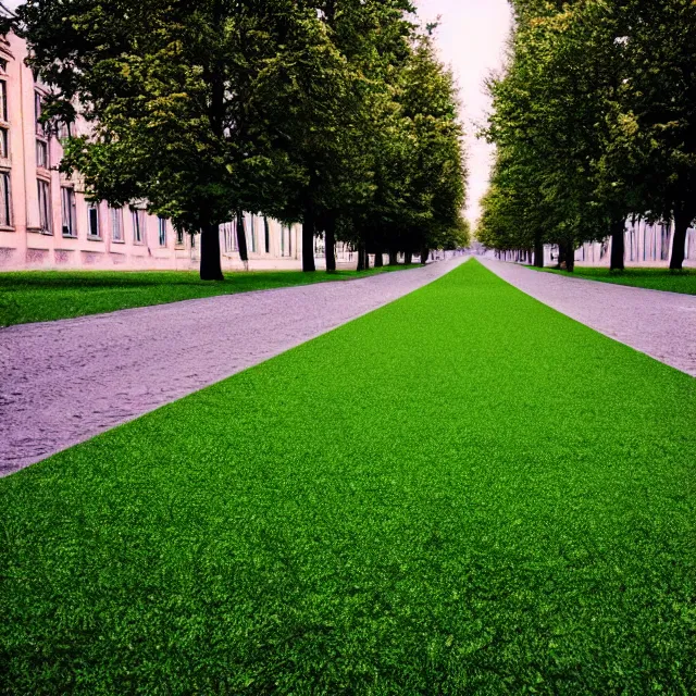 Prompt: perfect grass lawn instead of asphalt and road. empty town street with identical high soviet endless buildings. cinematic