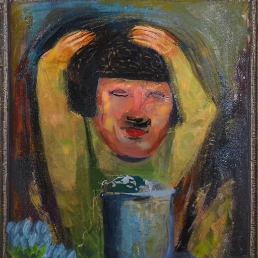 Image similar to man pouring water on head, flowers are in a pot on his head, the pot is part of his head, abstract expressionism, oil on canvas