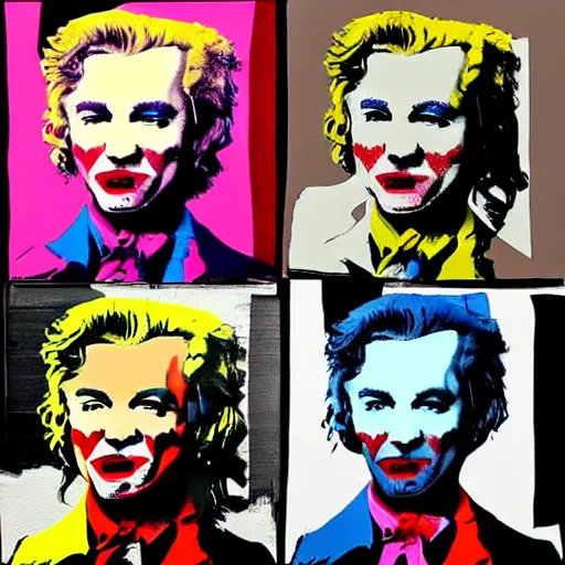 Prompt: andy warhol and banksy draw kanye west as the joker which dance on the street, hyperrealistic content, high definition content, intricate, delete duplicate content, justify content center, 5 colors