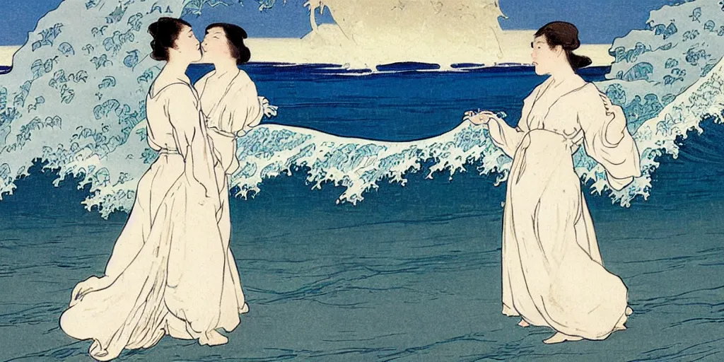 Prompt: two young edwardian women wearing white dresses hold hands on a beach in Sweden, in the style of Anders Zorn, waves in the style of the great wave off kanagawa by Hokusai