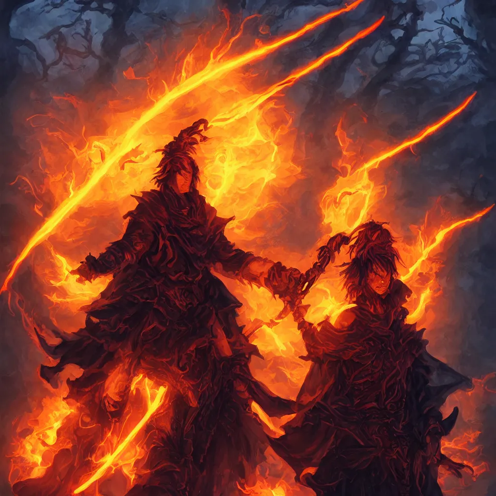 Image similar to dungeons and dragons official art, portrait of a male fire genasi wizard with pitch black skin, bright orange hair, glowing orange eyes, wearing black wizard robes, and holding a wooden staff, smoky barren landscape on the background, official print, character art