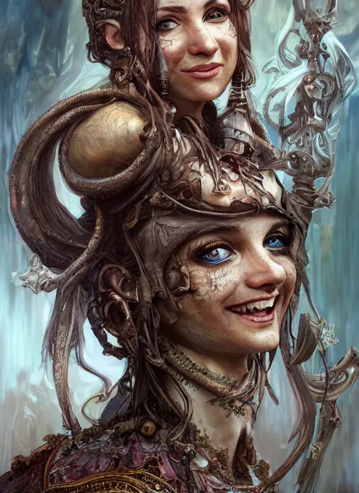Prompt: skaven bard, beautiful detailed eyes and a bright smile, dirty, fantasy, intricate, rough, highly detailed, digital painting, 4k, HDR, concept art, smooth, sharp focus, upper body shot, illustration, art by Artgerm, H R Giger and Alphonse Mucha