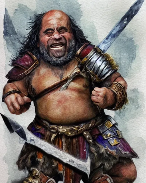 Prompt: Danny DeVito as a dwarf barbarian, water color, Dungeons and Dragons, Wizards of the Coast