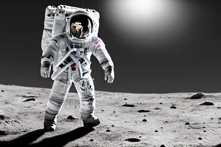 Image similar to still photo of astronaut in a space suit walking on the surface of moon, black and white color aesthetics, highly detailed, photorealistic portrait, bright studio setting, studio lighting, crisp quality and light reflections, unreal engine 5 quality render