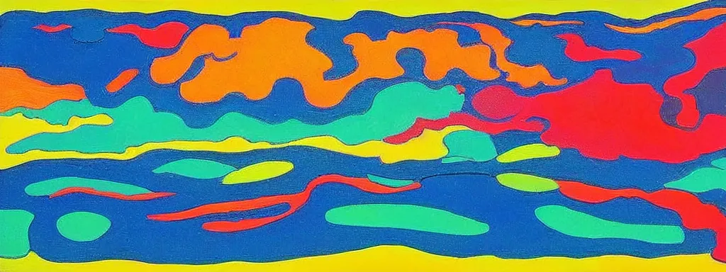 Image similar to Psychedelic sci-fi dreamworld. Landscape painting. Organic. Winding rushing water. Waves. Clouds. Peter Max. Landscape by Milton Avery.