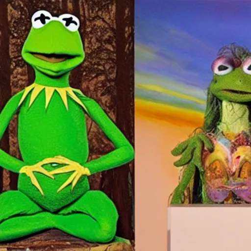 Prompt: kermit the frog as a holy sacred god on acid in the woods as a masterpiece painting by john chamberlain and judy chicago