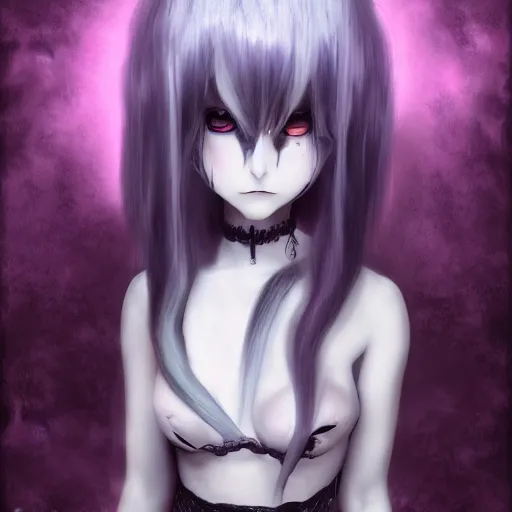 Prompt: full shot portrait of angry darkness anime girl, gothic wearing, worrying eyes, inspired by Tim Burton, detailed, unreal engine 4k volumetric light, dense fog,