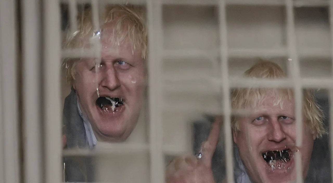 Image similar to a zoomed out photo taken from the inside of an old house, showing window blinds being pulled back to reveal a terrifying boris johnson his unhinged face pressed against the window and his bloody hands placed on the window, horrifying grin. horror, raining, night time