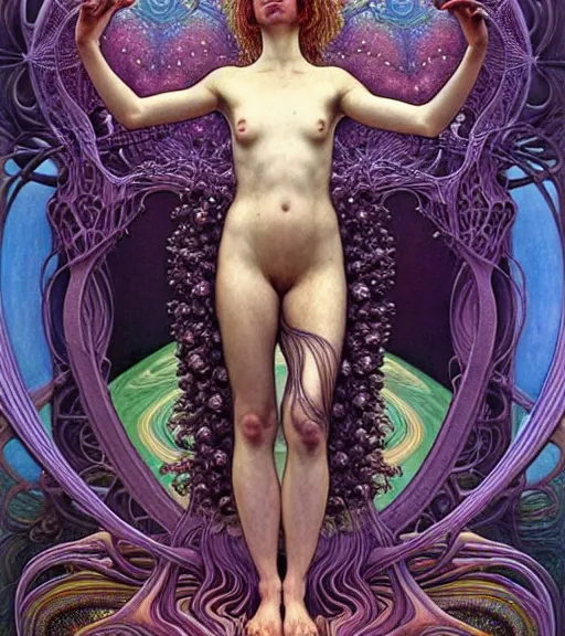 Prompt: detailed realistic beautiful young groovypunk fully clothed cher as queen of andromeda galaxy. art nouveau, symbolist, visionary, baroque, giant fractal details. horizontal symmetry by zdzisław beksinski, iris van herpen, raymond swanland and alphonse mucha. highly detailed, hyper - real, beautiful