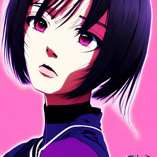 Image similar to anime poster film still portrait, black young woman, black skin colour, large, purple eyes!!!, white french bob, bomber jacket, detailed facial features, dynamic pose, cute face by ilya kuvshinov, yoh yoshinari, makoto shinkai, rimlight, cel shaded, 4 k