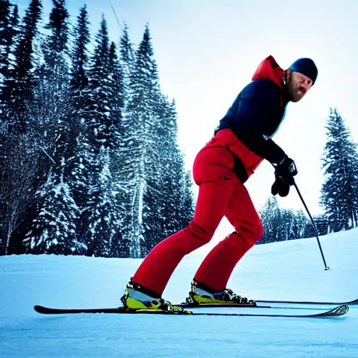 Image similar to jason statham skiing, full body shot, cinematic lighting, studio quality