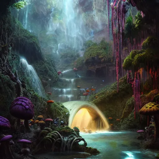 Image similar to tom bagshaw, mythical cavern, soft painting render curiosities carnival pond vegetation rocks mushrooms covered moss bioluminescent wisps, beautiful amazon full armor stunning waterfall, accurate features, focus, very intricate ultrafine details, random volumetric lighting, fog, award winning masterpiece, octane render 8 k hd, artstation