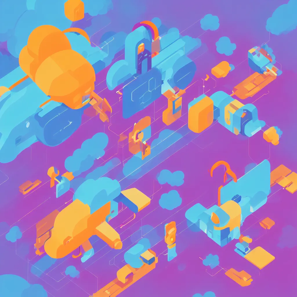 Image similar to a simple micro-service deployed to a public cloud, security, attack vector, trending on Artstation, painting by Jules Julien, Leslie David and Lisa Frank, muted colors with minimalism