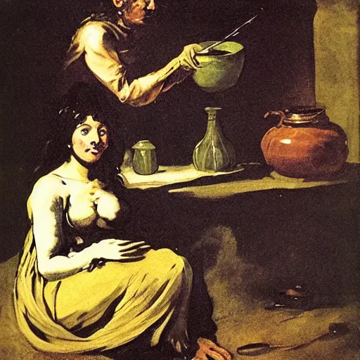 Image similar to A witch making potions in her cauldron. By Francisco de Goya.