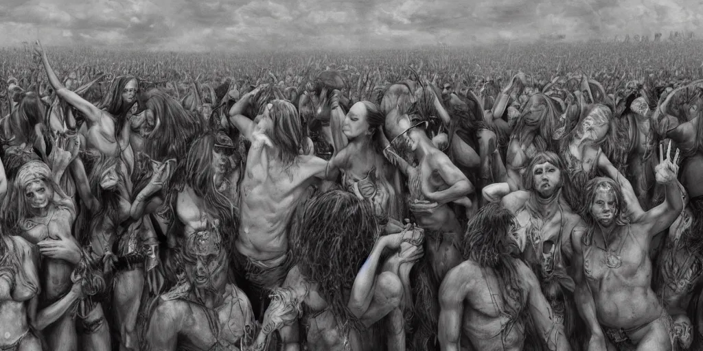 Image similar to Photorealistic people at woodstock 99 by H.R. Giger, KDA and Sam Yang, trending on artstation