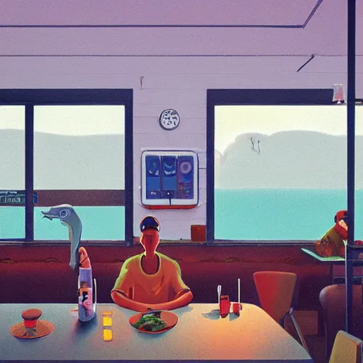 Image similar to inside diner at the beach by simon stalenhag