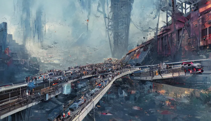 Image similar to bridge collapsed with people and cars on it, movie scene, various artists, explosion, hyperdetailed, artstation, cgsociety, 8 k