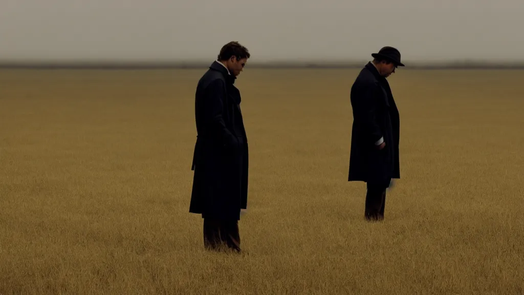 Image similar to a man in a trench coat check his watch in a field, low angle, concerned face, film still from the movie directed by Denis Villeneuve, wide lens