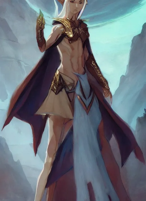 Prompt: concept art painting of an elf with brown skin and short white hair, demon horns, blue tunic and robes, detailed, d & d style, cel shaded, in the style of ruan jia and artgerm and makoto shinkai and james gurney