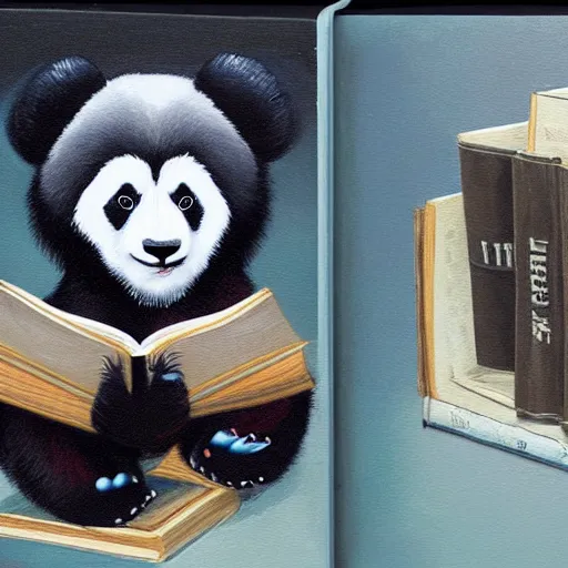 Prompt: Oil Painting of an anthropomorphic Panda Bear Holding a book and a pair of dividers in a science-lab with fantastic creations around him, concept art, highly detailed, hyperrealism, 4k rendering - C 9