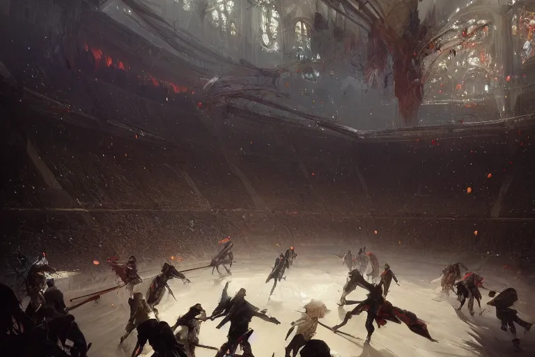 Image similar to painting of people tripping over swords in an arena, digital painting, volumetric light, intricate, sharp, focus, bloom, illustration, highly detailed, concept art, matte, ruan jia, randy vargas, greg rutkowski