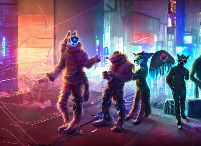 Image similar to high - resolution photograph from a cyberpunk era furry fandom convention ( midwest furfest 2 0 4 7 ), taking place after the genetic revolution and quantum singularity. photorealistic.